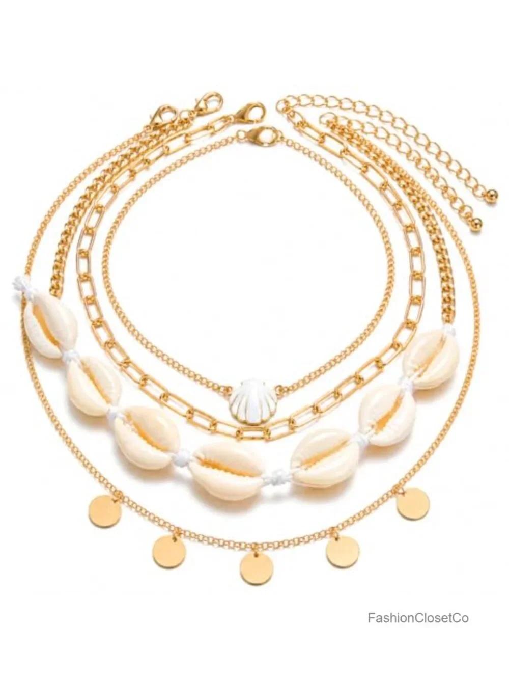 Layered Cowrie Shell Necklace Set Gold Tone Boho Choker Adjustable Summer Beach